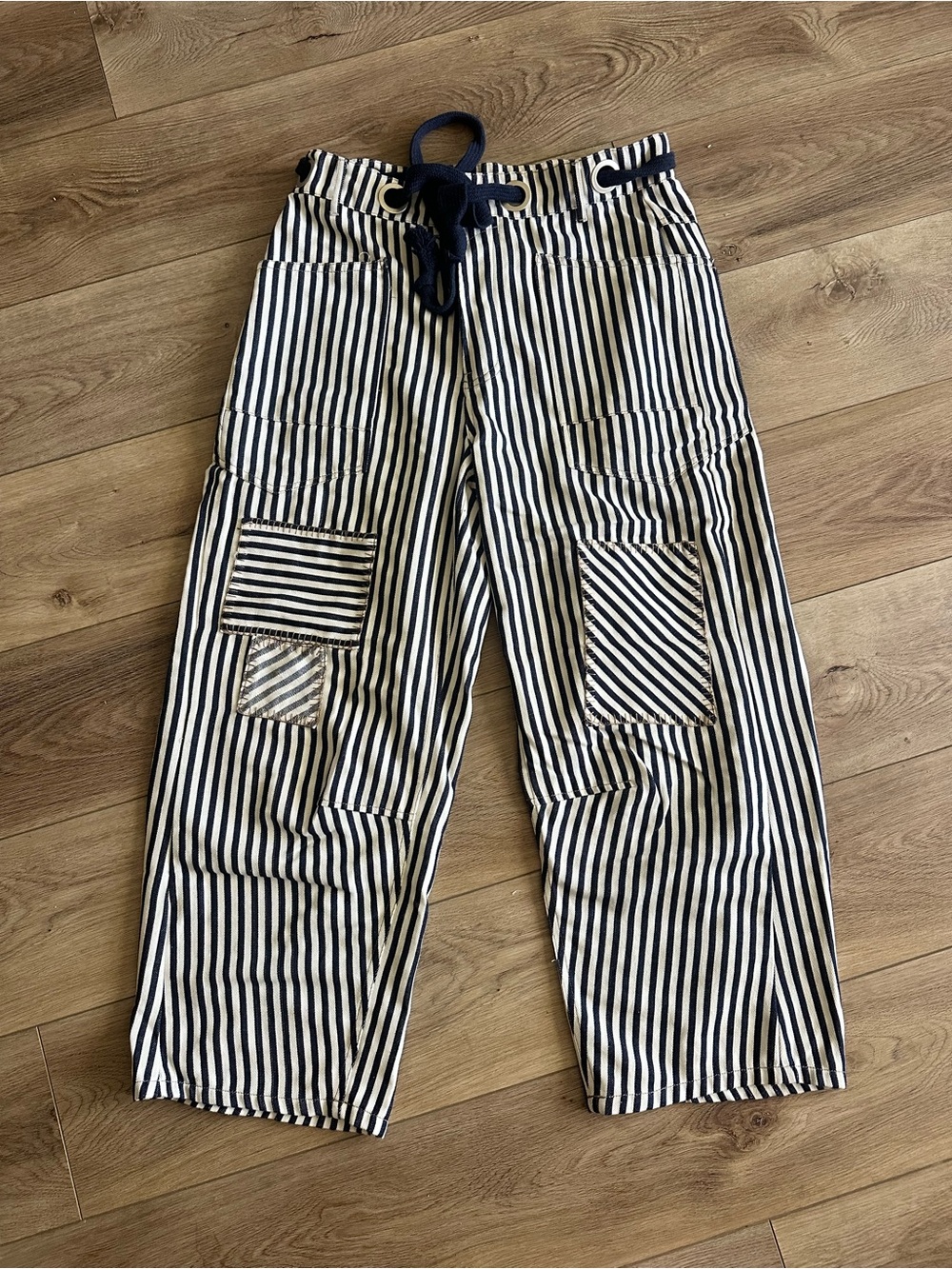 eesome Navy and White Striped Patchwork Drawstring Pants